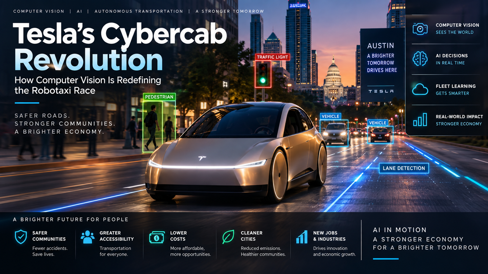 Tesla Cybercab computer vision showing autonomous driving, pedestrians, vehicles and lane detection